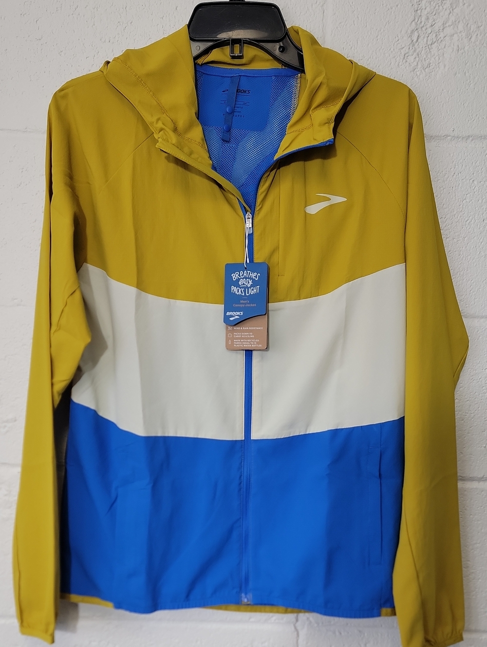 Brooks Men's Colorblock Hooded Windbreaker - Mustard, White & Blue